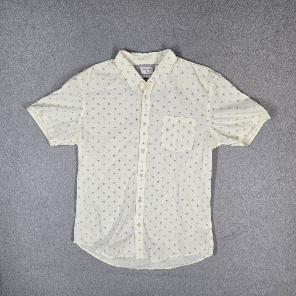 Quiksilver Men Button Up Shirt XL Cream Peace Sign Allover Print Short Sleeve